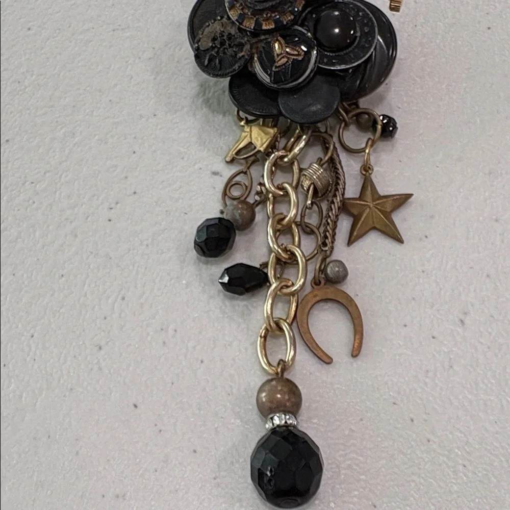 Vintage Glass & Metal Button Brooch with charms—BEAUTIFUL! Glass Beads—Artisan